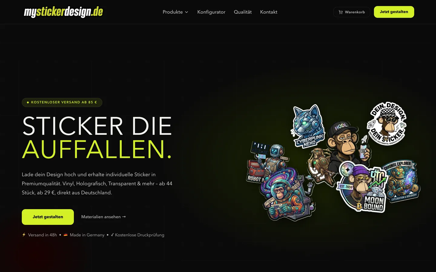 Website mystickerdesign.de – Desktop-Ansicht