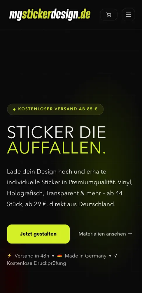 Website mystickerdesign.de – mobile Ansicht