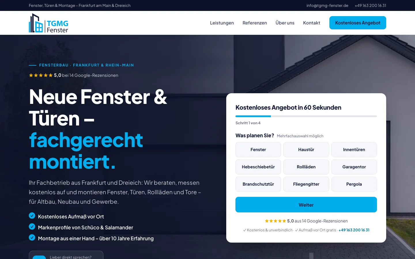 Website TGMG Fenster – Desktop-Ansicht