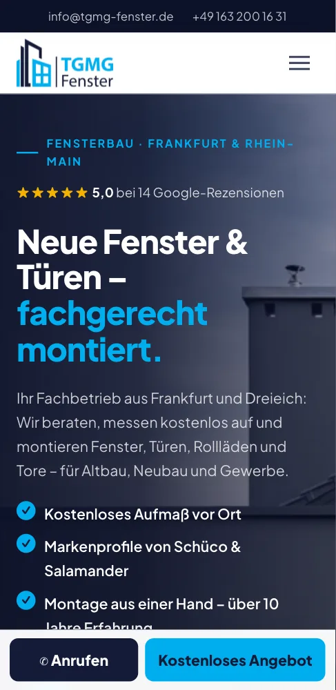 Website TGMG Fenster – mobile Ansicht