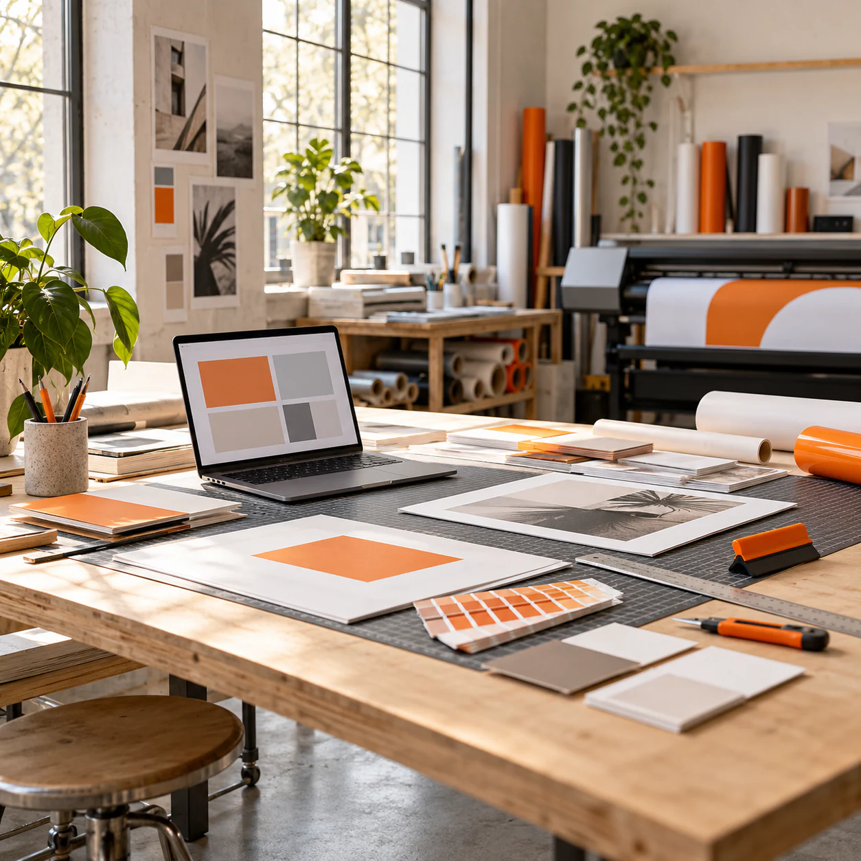 Kreativstudio mit Arbeitsflächen für Webdesign, Druck und Werbetechnik