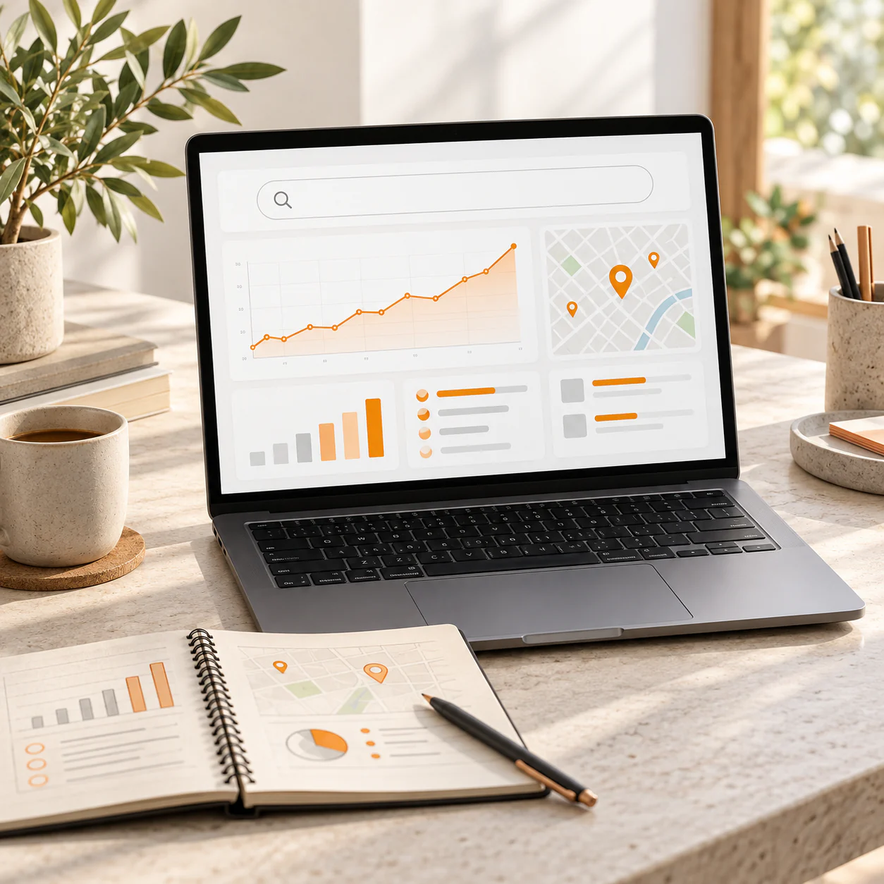 Arbeitsplatz für SEO-Analyse, lokale Sichtbarkeit und Suchmaschinenoptimierung